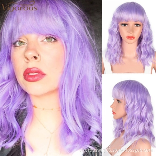 Vigorous Synthetic Short Bob Wigs for Black Women with Bangs Water Wave Purple Hair Wig Natural Cosplay Wigs